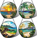 Stained Glass Window Hanging 4 Pcs Set Blue Ocean Coconut Tree Scenery 6.3" by DASTOLL