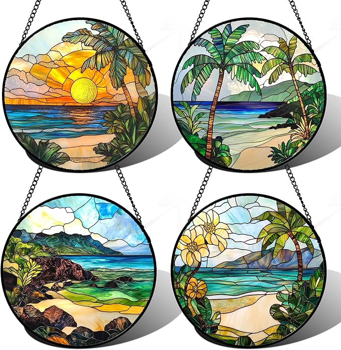 Stained Glass Window Hanging 4 Pcs Set Blue Ocean Coconut Tree Scenery Large by DASTOLL