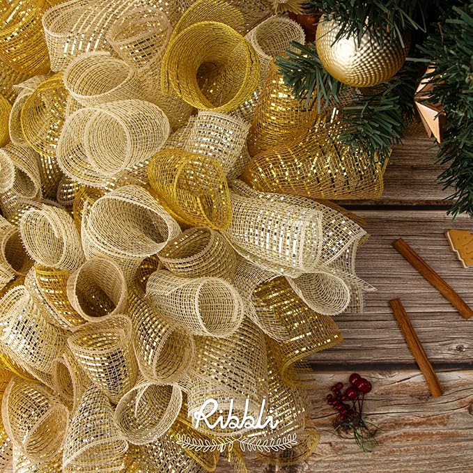 Ribbli 2 Rolls Gold Mesh Ribbon, 10 inch x 30 feet Each Roll, Metallic Gold - Image 2