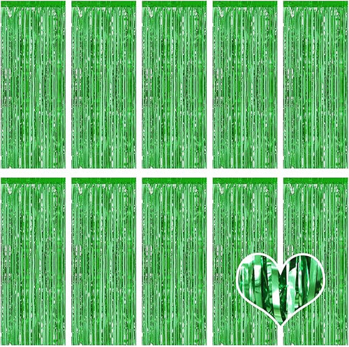 10 Pack Green Backdrop Curtain 3.2ft x 8.2ft Metallic Tinsel Foil Fringe by Ohiyoo