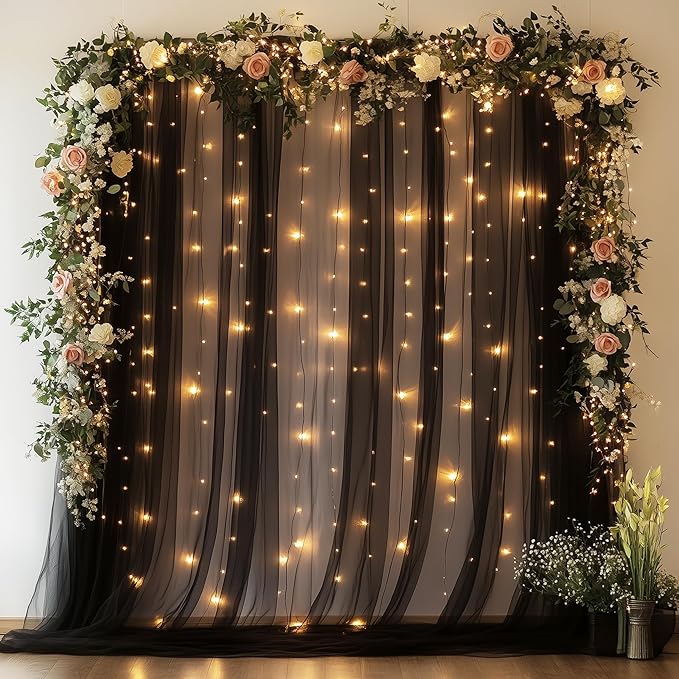 Tulle Backdrop Curtain with Lights String 10FT X 8FT Black Sheer Tulle Backdrop by Xiomot