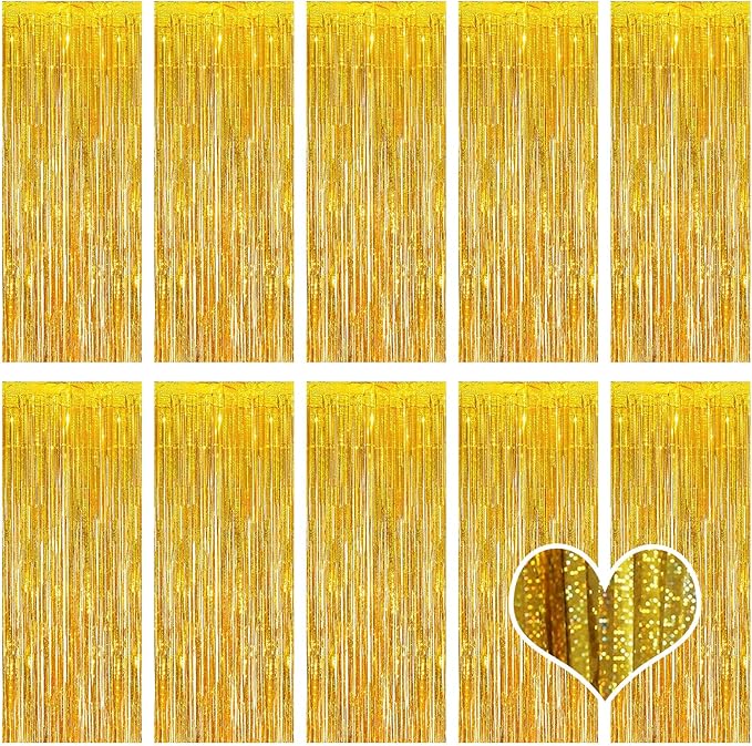 10 Pack Gold Backdrop Curtain 3.2ft x 8.2ft Metallic Tinsel Foil Fringe by Ohiyoo