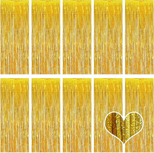 10 Pack Gold Backdrop Curtain 3.2ft x 8.2ft Metallic Tinsel Foil Fringe by Ohiyoo