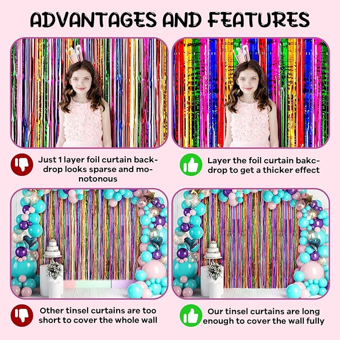 4 Pack 3.3x8.2 Feet Rainbow Foil Fringe Backdrop Curtains, Tinsel Streamers - Image 5