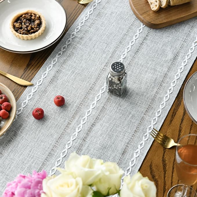 Artoid Mode Grey Rustic Cotton Linen Table Runner, Seasonal Embroidered Hollow - Image 4