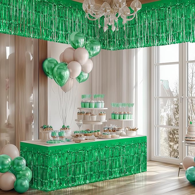 2 Pack Green Table Skirts, 29x108" Metallic Foil Tinsel Fringe Table Skirts - Image 7