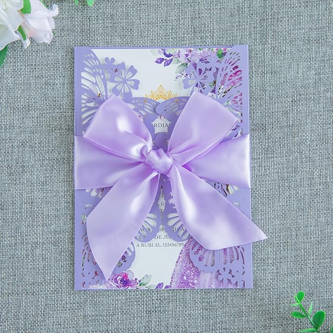 20 PCS 5.12x7.2 Butterfly Quinceanera Invitation Cards, Laser Cut Wedding 5x7 by FEIYI