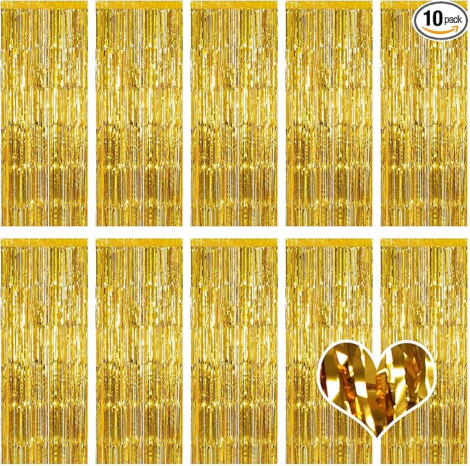 10 Pack Gold Backdrop Curtain 3.2ft x 8.2ft Metallic Tinsel Foil Fringe by Ohiyoo