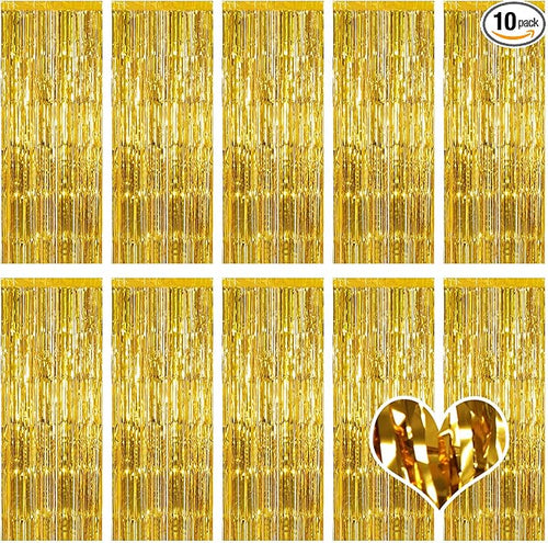 10 Pack Gold Backdrop Curtain 3.2ft x 8.2ft Metallic Tinsel Foil Fringe by Ohiyoo