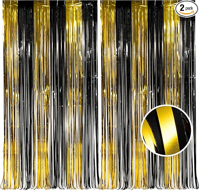 BRAVESHINE 3.2 x 8.2 ft Black Gold Foil Fringe Curtains by BRAVESHINE