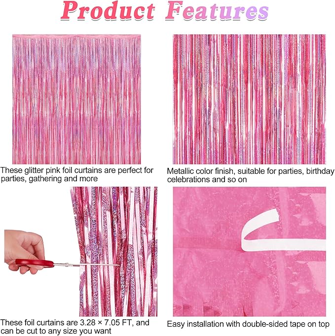 8 Pack Pink Backdrop, 3.28 FT x 7.05 FT Fringe Curtains, Metallic Glitter Pink - Image 4