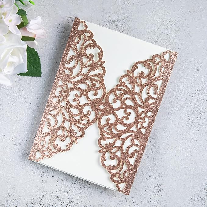 20Pcs Rose Gold Glitter Laser Cut Invitation Cards - Image 2