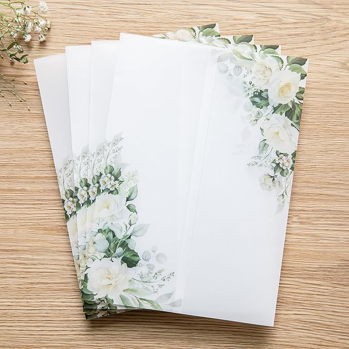 PONATIA 50 PCS Vellum Jackets for 5x7 Invitations- 135gsm White Floral Printed - Image 2