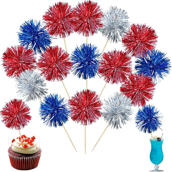 Ephlyn 30Pcs Foil Firework Cupcake Toppers Sparkle Tinsel Cupcake Picks Happy by Ephlyn