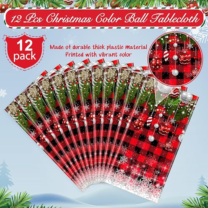 12Pcs Christmas Buffalo Plaid Snowflake Tablecloths, Plastic Red and Black - Image 3