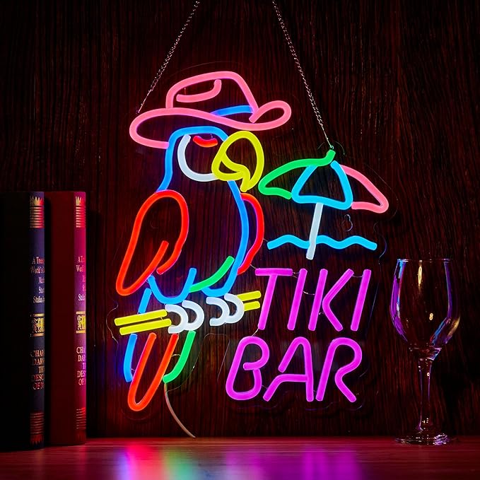Tiki Bar Parrot Neon Sign for Wall Decor Hawaii Beach Bar LED Light up Signs by NOENLAND