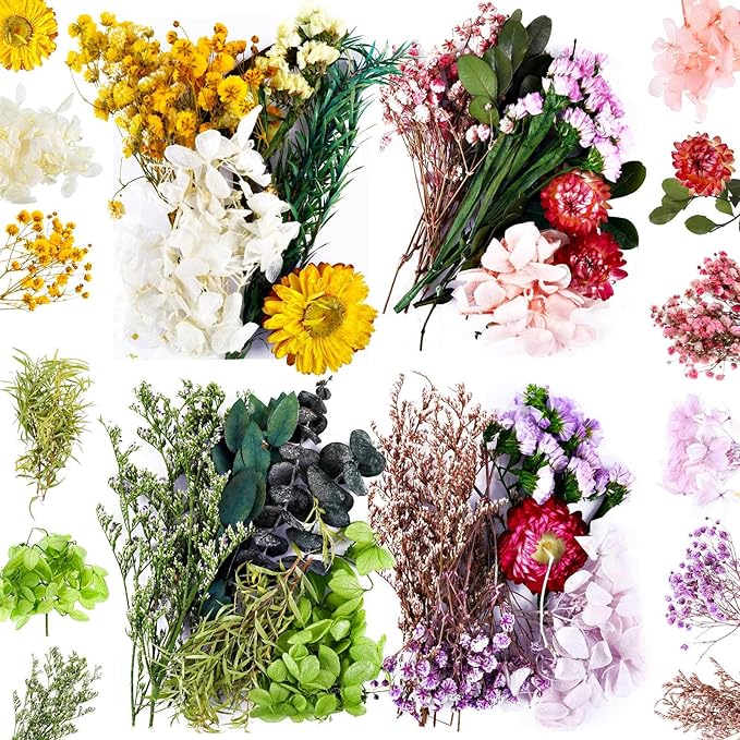 Nuanchu 4 Bags Natural Dried Flowers Leaves Set, Mixed Dried Hydrangeas by Nuanchu