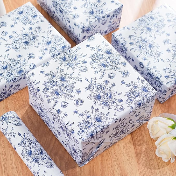 Ulmasinn Blue Floral Wrapping Paper Roll - Image 6
