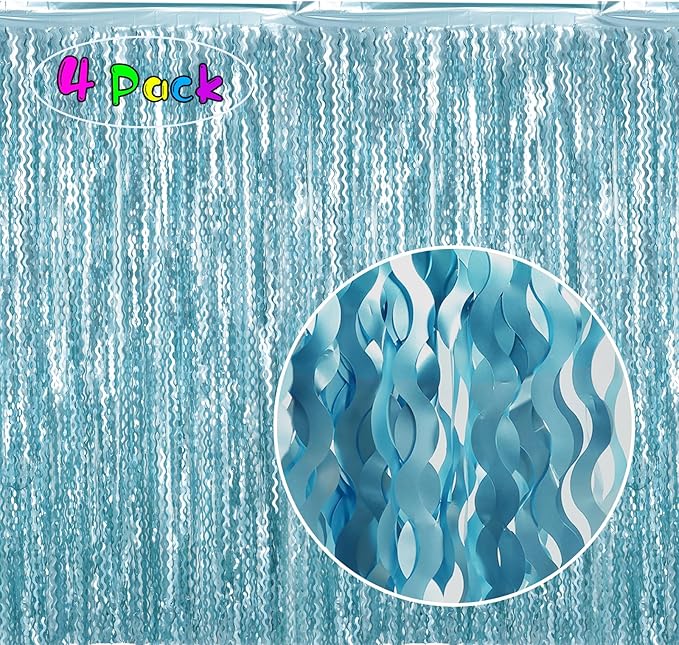 4 Pack Wavy Blue Foil Fringe Curtain 3.3x6.6 Feet | Blue Streamers Tinsel - Image 2