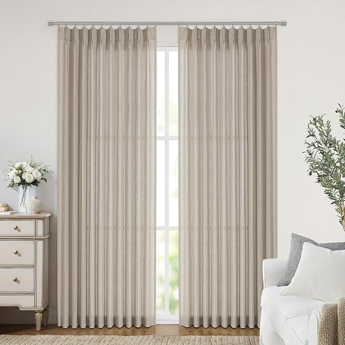 Vision Home Sand Pinch Pleated Semi Sheer Curtains Textured Linen Blended Light - Image 2