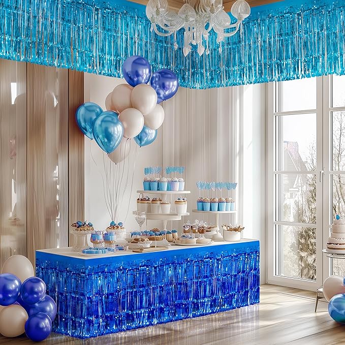 3 Pack Blue Series Table Skirts, 29x108" Metallic Foil Tinsel Fringe Table Skirt - Image 7