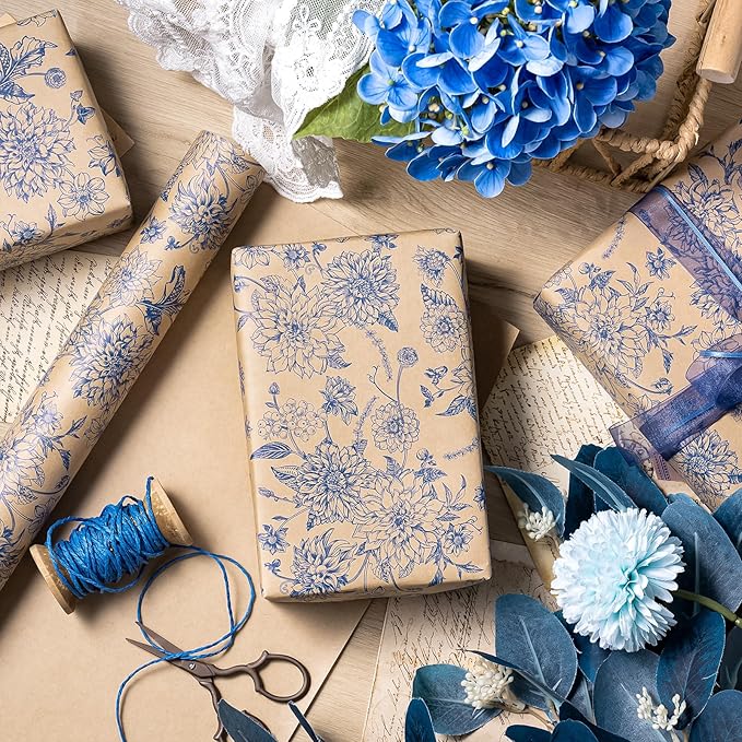 WRAPAHOLIC Kraft Blue Floral Wrapping Paper - Image 6