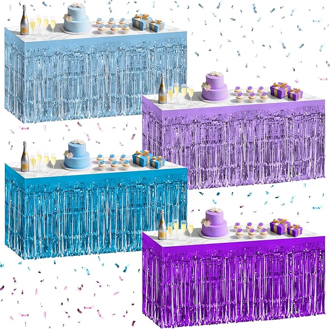 4 Pack Blue Purple Series Table Skirts, 29x108" Metallic Foil Tinsel Fringe by Unknown