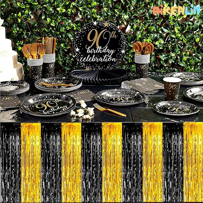 6 Pack 29x108 Inch Black Gold Metallic Foil Fringe Tinsel Table Skirts - Image 3