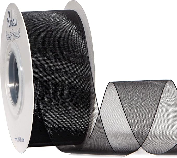 Ribbli Black Sheer Organza Ribbon, 1-1/2 Inches x Continuous 50 Yard Use by Ribbli