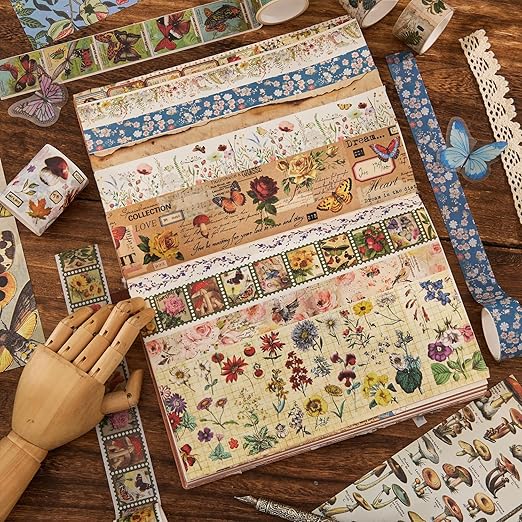 42 Rolls Vintage Washi Tape Set, Floral Letter Butterfly Mushroom Botanical - Image 5