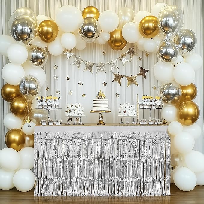 2 Pack Silver Table Skirts, 29x108" Metallic Foil Tinsel Fringe Table Skirts - Image 2