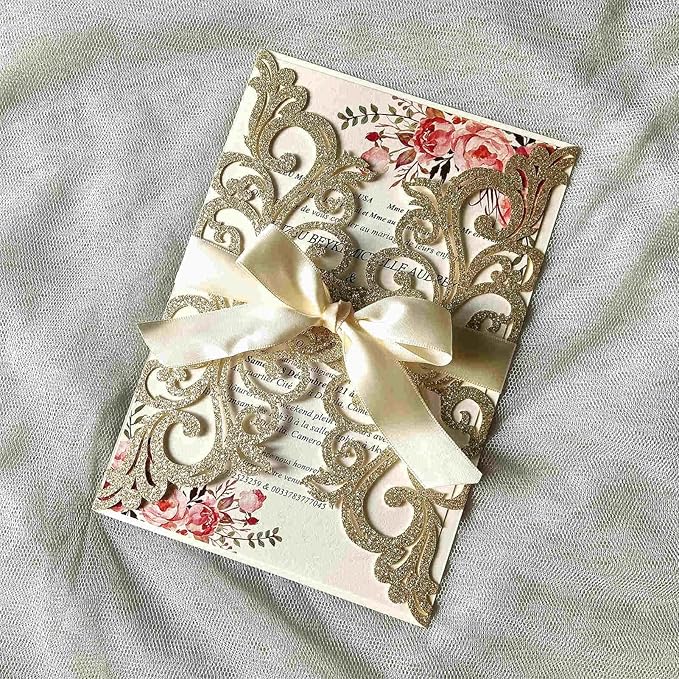 25PCS Champagne Gold Glitter Laser Cut Wedding Invitations Cards - Image 5