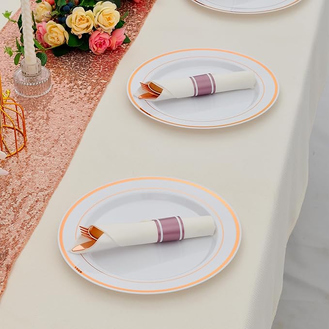100 Pack Pre Rolled Rose Gold Plastic Silverware Set - Image 7