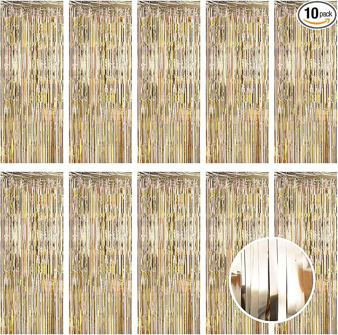 10 Pack Champagne Gold Foil Curtain Backdrop 3.2ft x 9.8ft Metallic Tinsel Foil by Ohiyoo