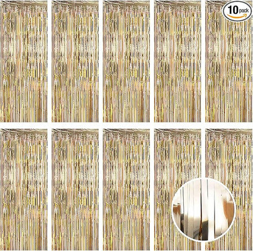 10 Pack Champagne Gold Foil Curtain Backdrop 3.2ft x 9.8ft Metallic Tinsel Foil by Ohiyoo