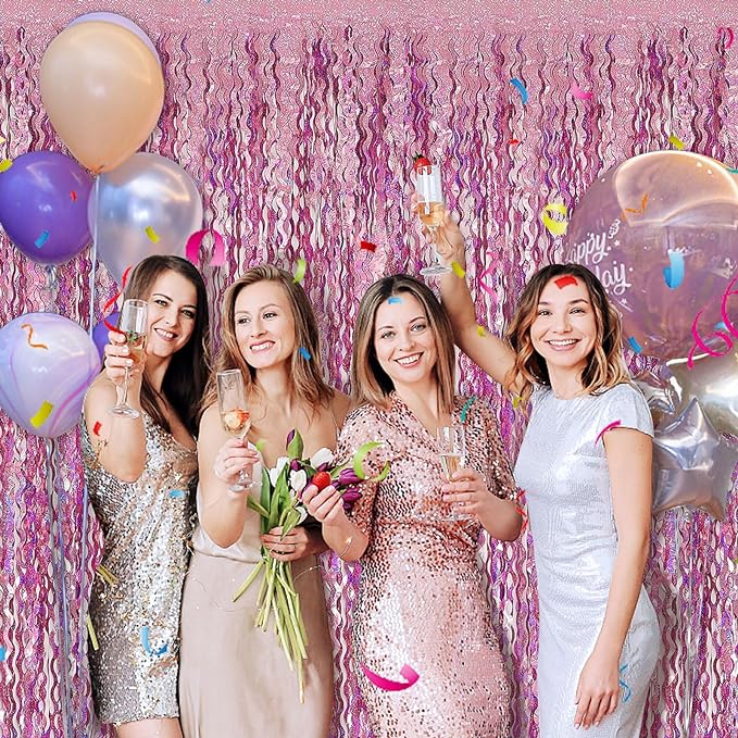 Pink Streamers Fringe Backdrop Tinsel Foil Fringe Curtains Wavy Backdrop - Image 3