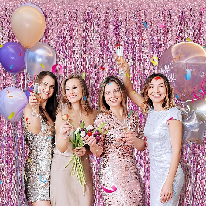 Pink Tinsel Foil Fringe Curtains Wavy Backdrop - Image 3