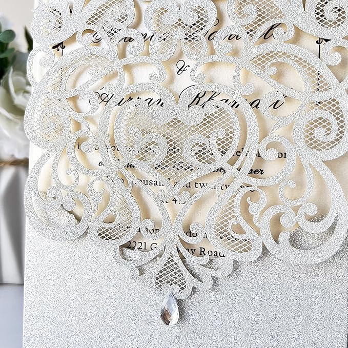Hosmsua 5.12 x 7.3 Inch 50pcs Silver Laser Cut Lace Flora Wedding Invitation - Image 5
