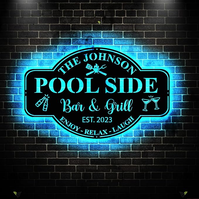 Personalized Family Poolside Sign LED Light, Swimming Pool Metal Sign, Pool by soulglass
