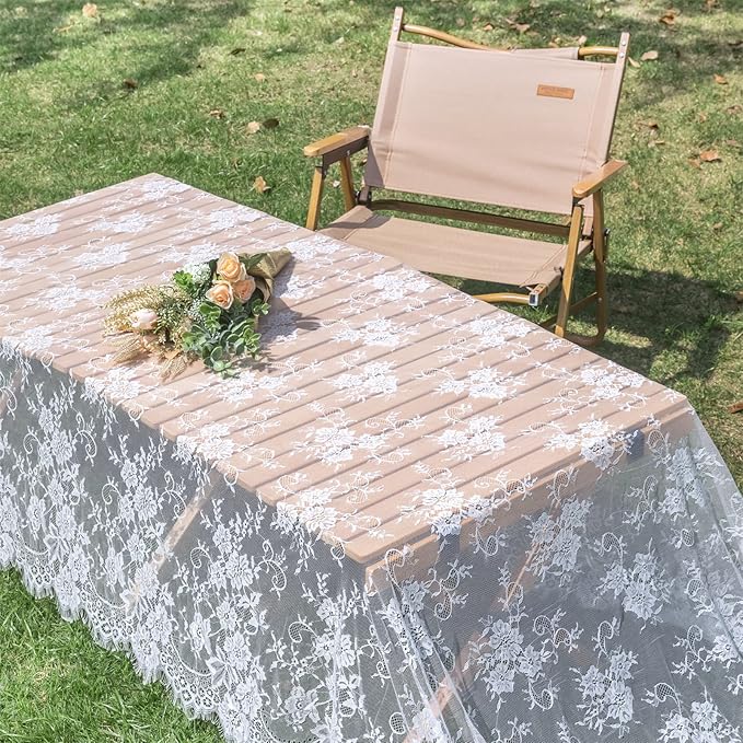 TINWIN Rectangle Lace Tablecloth 60x120 Inch White Vintage Runner Eyelash Fabric - Image 4