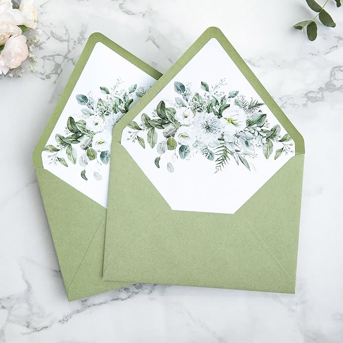 PONATIA 50PCS A7 Euro Flap Envelopes, 5.25 x 7.25'' Sage Green Flowers Liner - Image 7