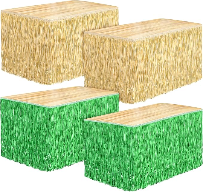 Fovths 4 Packs Luau Grass Table Skirt Fringe Straw Green Grass Skirt 108 x 30 by Fovths