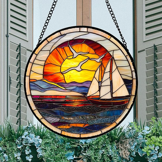 Stained Glass Window Hanging, Sun Ocean Sailboat Seagull Abstract Suncatcher - Image 3