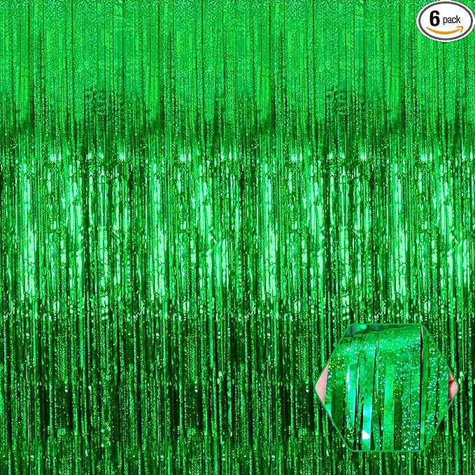6 Pack Green Foil Fringe Curtain Backdrop, 3.28Ft x 8.2Ft Metallic Tinsel Foil by Ferwzsr