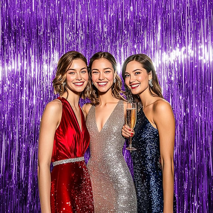 BTSD-home Purple Foil Fringe Curtain, Metallic Photo Booth Backdrop Tinsel Door - Image 2