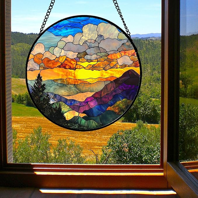 Stained Glass Window Hanging, Abstract Clouds Mountains Landscape Suncatcher - Image 5
