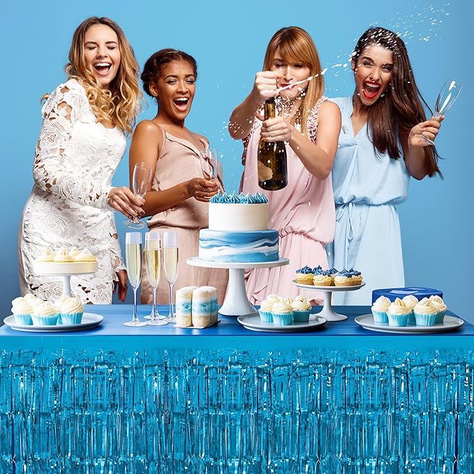 1 Pack Lake Blue Table Skirts, 29x108" Metallic Foil Tinsel Fringe Table Skirts - Image 6