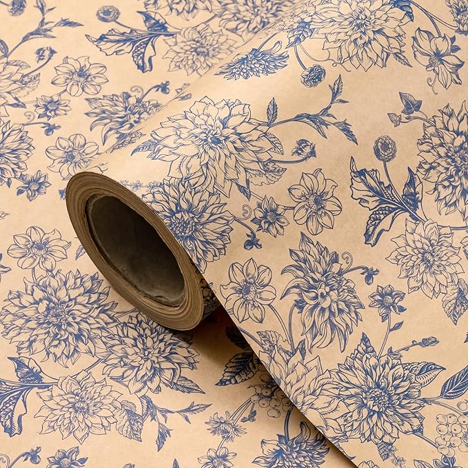 WRAPAHOLIC Kraft Blue Floral Wrapping Paper by WRAPAHOLIC