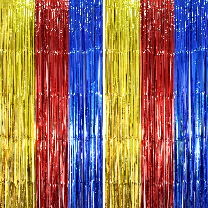 2 Pack Blue Red Gold Foil Fringe Backdrop Curtains, Tinsel Streamers Party by Voircoloria