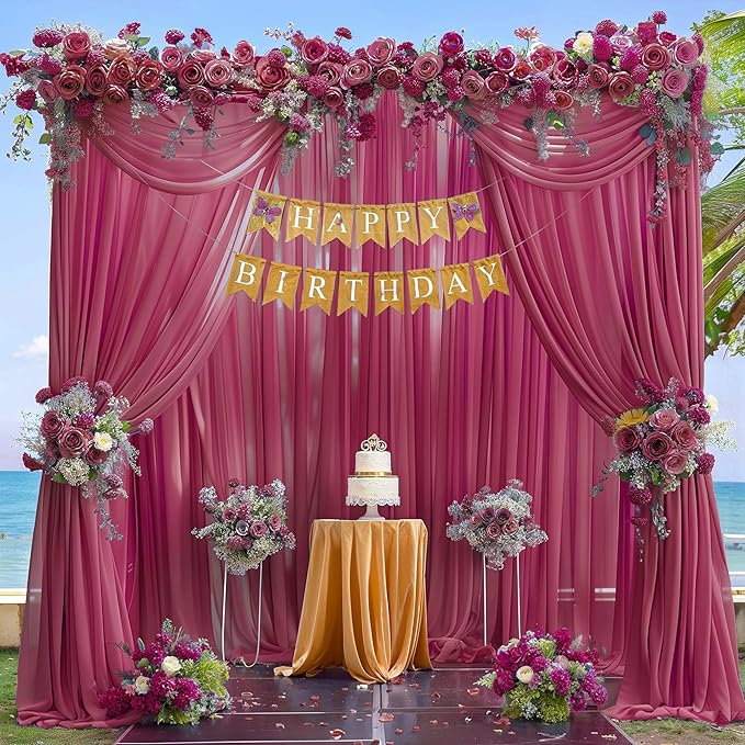 10ft x 10ft Burgundy Backdrop Curtains, Wrinkle-Free Sheer Chiffon Fabric Photo - Image 7